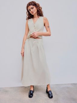 Cider - Beige Linen Blend High Rise Solid Pocket Maxi Skirt