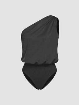 Cider - Black Satin Asymmetrical Neck Solid Bodysuit