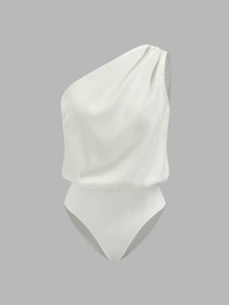 Cider - Cream Satin Asymmetrical Neck Solid Bodysuit