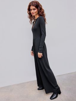 Cider - Black Round Neckline Zipper Ruched Jumpsuit