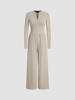 Cider - Khaki Round Neckline Zipper Ruched Jumpsuit