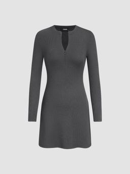 Cider - Grey Round Neck Solid Zipper Mini Dress