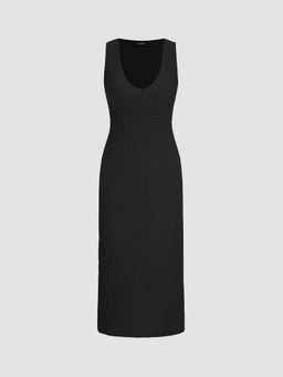 Cider - Black Texture V Neckline Split Maxi Dress