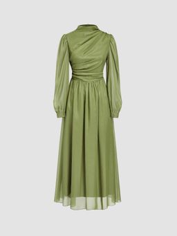 Cider - Green Solid Ruched Puff Sleeve Maxi Dress