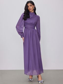 Cider - Purple Solid Ruched Puff Sleeve Maxi Dress