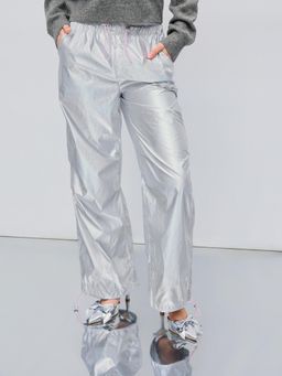 Cider - Silver Metallic Mid Rise Drawstring Straight Leg Trouser