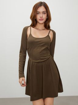 Cider - Brown U-Neckline Ruffle Solid Mini Dress with Shrug (Set of 2)