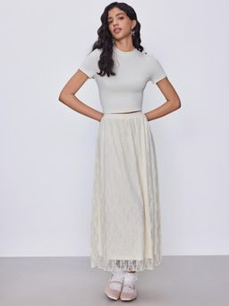 Cider - Beige Round Neck Crop Top and Elastic Waist Lace Maxi Skirt (Set of 2)