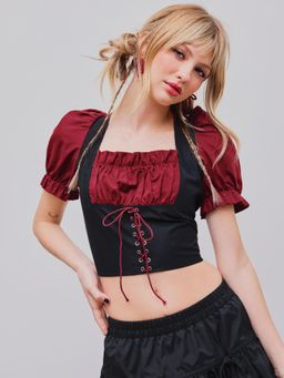 Cider - Black Two Tone Patchy Lace Up Puff Sleeve Crop Top