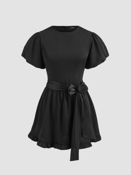 Cider - Black Rosette Round Neck Ruffle Hem Mini Dress