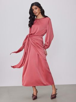 Cider - Pink Satin Round Neck Solid Zipper Maxi Dress