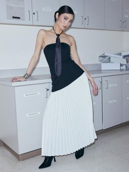 Cider - Black Chiffon Two Tone Patchy Pleated Maxi Dress