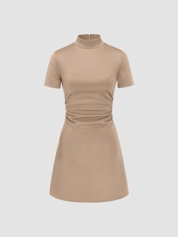 Cider - Khaki High Neck Ruched Mini Dress