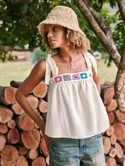 Cider - Cream Woven Embroidery Knotted Cami Top