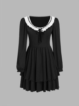 Cider - Black Scoop Neckline Bowknot Ruffle Hem Mini Dress