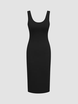 Cider - Black Contour Knit Round Neck Solid Midi Tank Dress