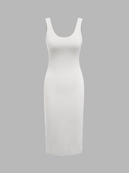 Cider - White Contour Knit Round Neck Solid Midi Tank Dress