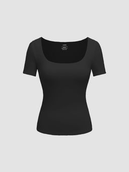 Cider - Black Contour Double Layered Round Neck Solid Short Sleeve Top