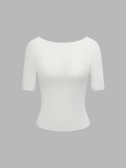 Cider - White Contour Double Layered Boat Neck Solid Backless Short Sleeve Top