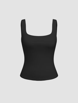 Cider - Black Contour Double Layered Square Neck Solid Tank Top