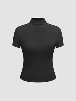 Cider - Black Contour Double Layered High Neck Solid Short Sleeve Top