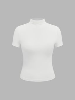 Cider - White Contour Double Layered High Neck Solid Short Sleeve Top