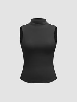 Cider - Black Contour Double Layered Turtle Neck Solid Sleeveless Tank Top