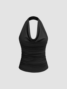 Cider - Black Solid Ruched Halter Top