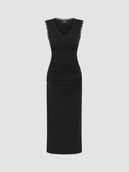 Cider - Black Lace Trim Solid Ruched Maxi Dress