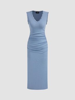 Cider - Blue Lace Trim Solid Ruched Maxi Dress