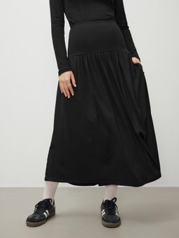 Cider - Black High Rise Ruffle Solid Pocket Maxi Skirt
