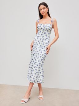 Cider - Santorini Beach Vacation Mesh Sweetheart Floral Lace Up Midi Dress