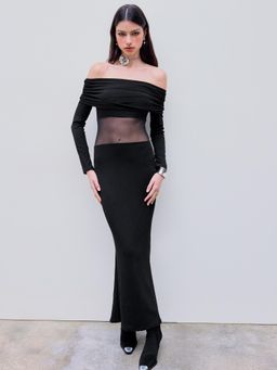 Cider - Black Off-Shoulder Ruched Jersey Maxi Dress