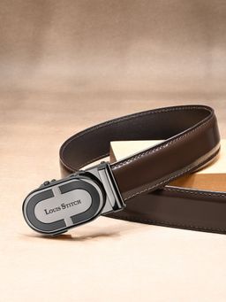 Louis Stitch - Premium VT Leather Men's Auto Lock Belt Gunmetal Buckle Belt for Men