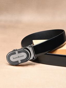 Louis Stitch - Premium VT Leather Men's Auto Lock Belt Gunmetal Buckle Belt for Men