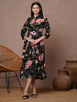 FASHOR - Floral Printed A-Line Flared Midi Dress with Belt - Black (Set of 2)