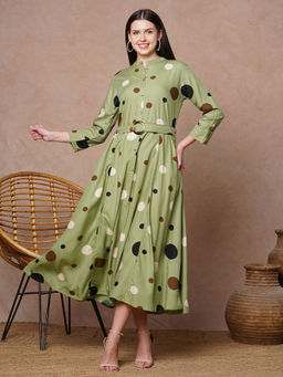 FASHOR - Polka Dot Printed A-Line Panelled Maxi Flared Dress with Belt - Green (Set of 2)