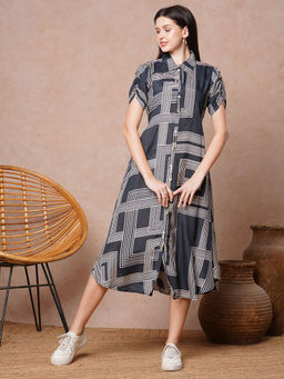 FASHOR - Geometric Printed A-Line Flared Midi Dress - Grey