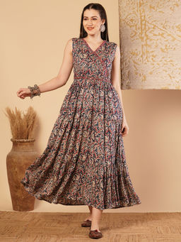 FASHOR - Ajrakh Printed A-Line Pleated Tiered Flared Maxi Dress With Belt - Blue (Set of 2)