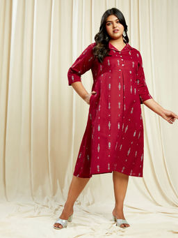 Globus - Gloplus Women Maroon Notch Lapel Ethnic Print Button Down Plus Size A-Line Midi Dress