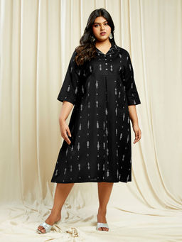 Globus - Gloplus Women Black Notch Lapel Ethnic Print Button Down Plus Size A-Line Midi Dress