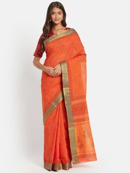 Fabindia - Orange Cotton Printed Saree without Blouse