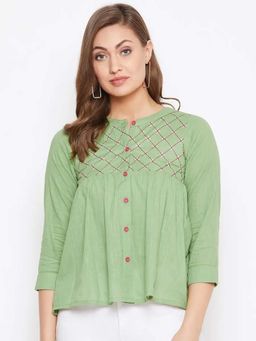 WineRed - Women Embroidered Green Cotton Casual and Office wear Top