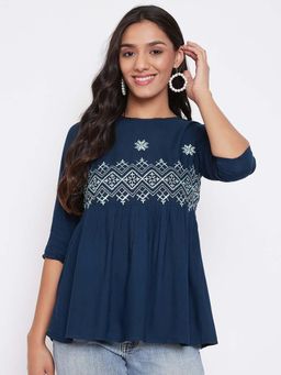 WineRed - Women Navy Blue embroidered Rayon A-line Top