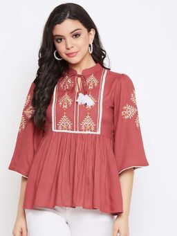 WineRed - Women embroidered rayon A-line Top