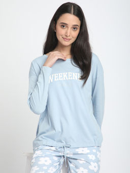 R&B - Cotton Relaxed Fit Round Neck Typography Long Sleeves Women Top