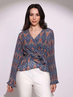Globus - Women Blue Georgette Ikkat Print Wrap V-neck Flared Sleeves Waist Tie-ups Top