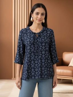 Globus - Women Navy Blue Printed Frill Detail Top