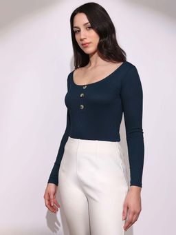 Globus - Women Green Scoop Neck Long Sleeves Button Detail Ribbed Top