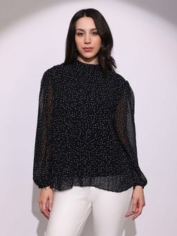 Globus - Women Black Abstract Print High Neck Bishop Pleats Party Top